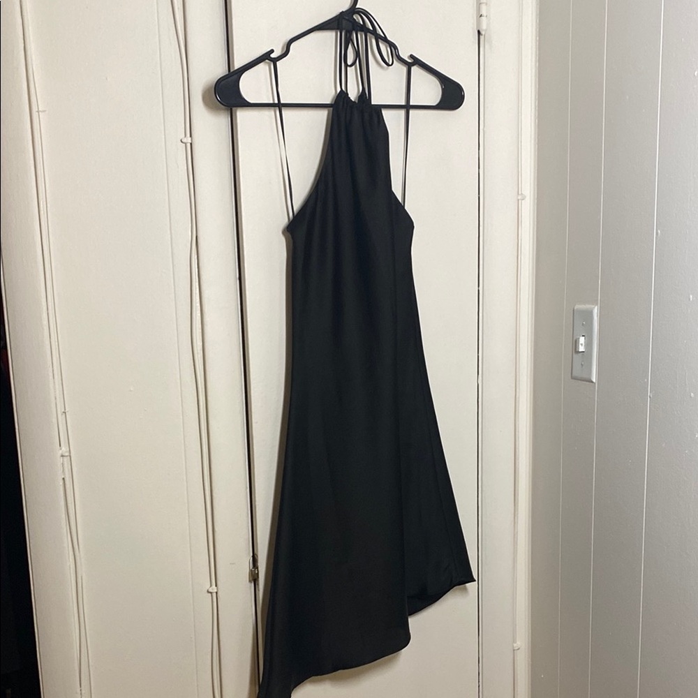 Black Mini Satin Dress with Asymmetrical Hem